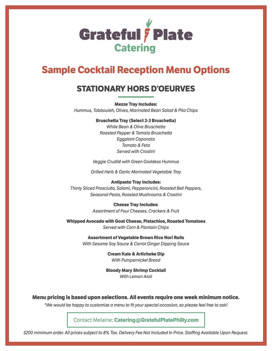 grateful plate catering menus cocktail reception page 1 of 2