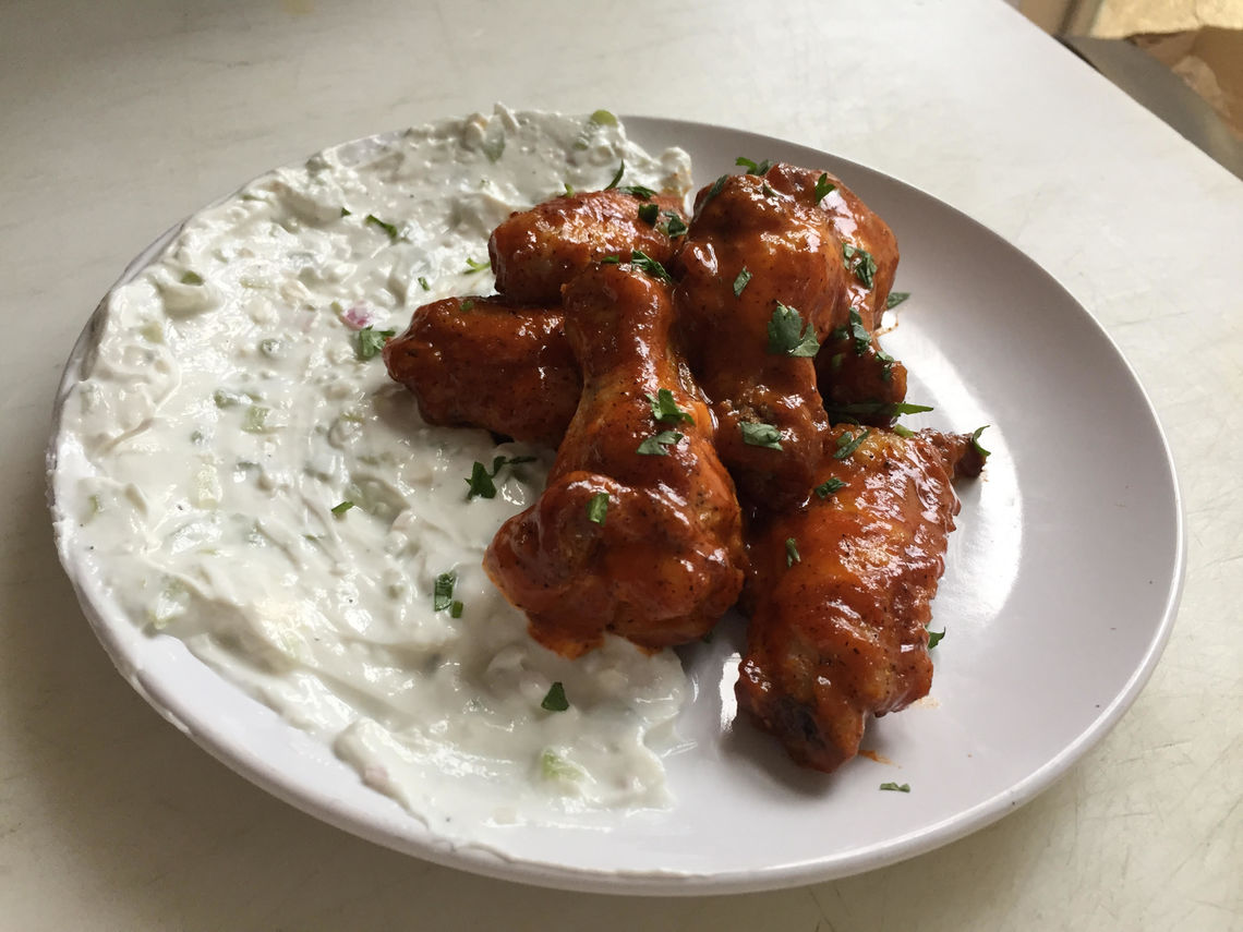 Baked Chicken Wings with Buffalo Sauce, Yogurt Blue Cheese Dip